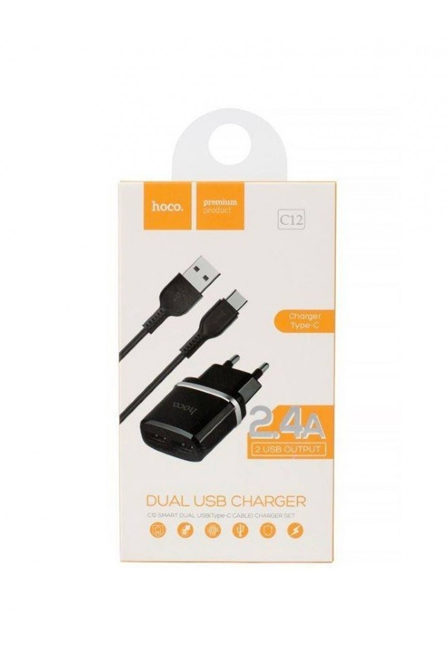 Зарядное устройство HOCO C12, кабель Type-C, 2 USB, 2.4 A
