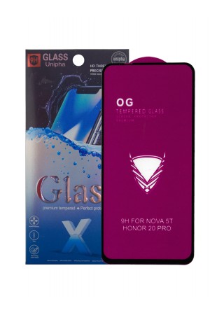 Защитное стекло 5D Glass Unipha для Honor 20 Pro, OG series, черная рамка, полный клей, mk062